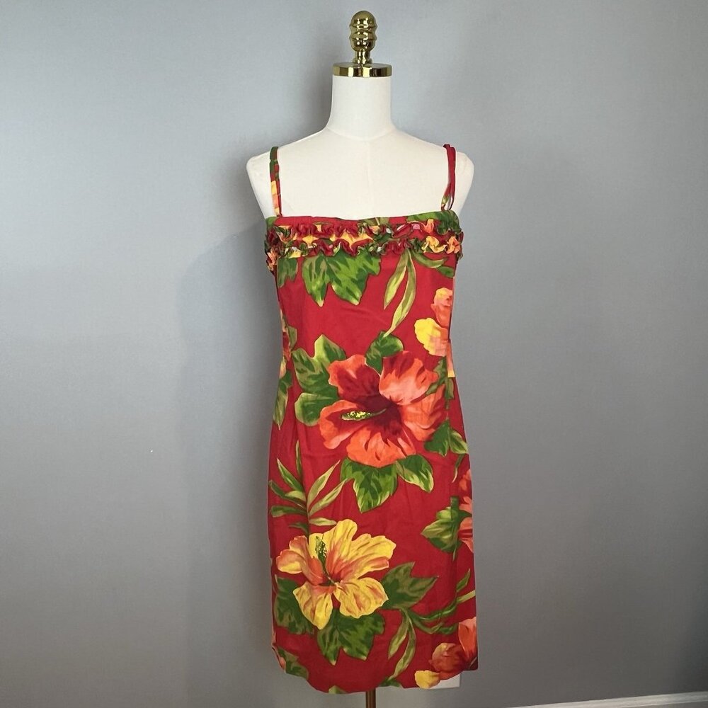 Ralph Lauren Red Hawaiian Dress Size 10 Y2K Era Kawaii Hibiscus Floral Summer